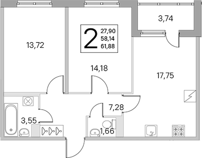 2-комнатная квартира 58.14 м², 1/5 эт., ЖК «ЮгТаун. Олимпийские кварталы»